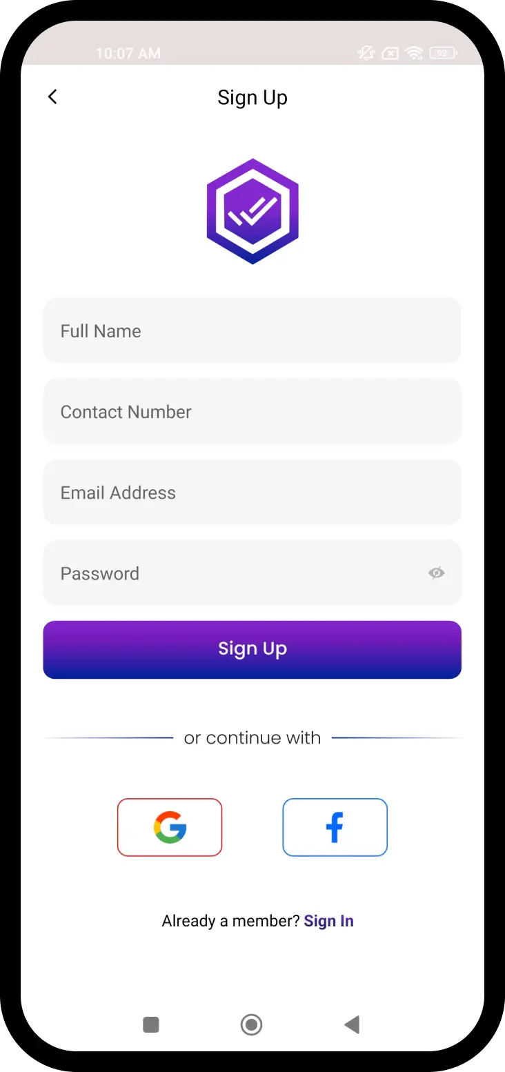 Signup screen